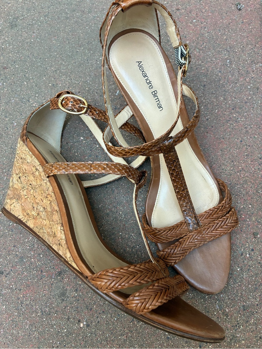 Alexandre Birman Brown Braided Leather Cork Wedge Sandals with Gold Buckle
